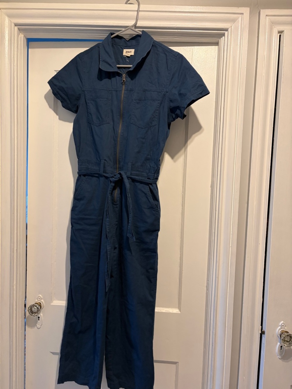 Pact Navy Zip-Front Short-Sleeve Utility Jumpsuit